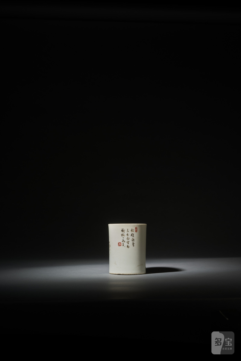 清乾隆 唐英 墨彩踏雪寻梅笔筒 - 图3